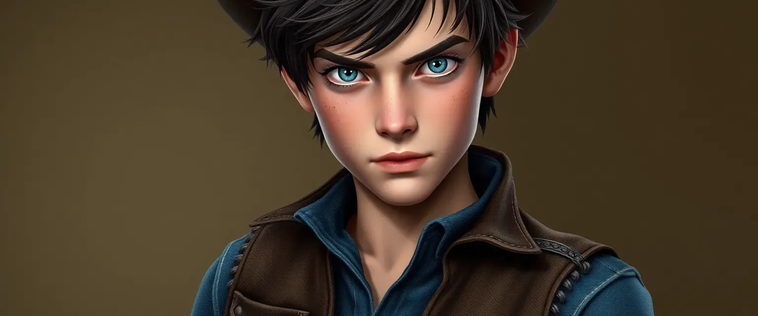 Short, young outlaw with piercing blue eyes, dark brown hair, wearing worn denim and a leather vest, revolver at hip.