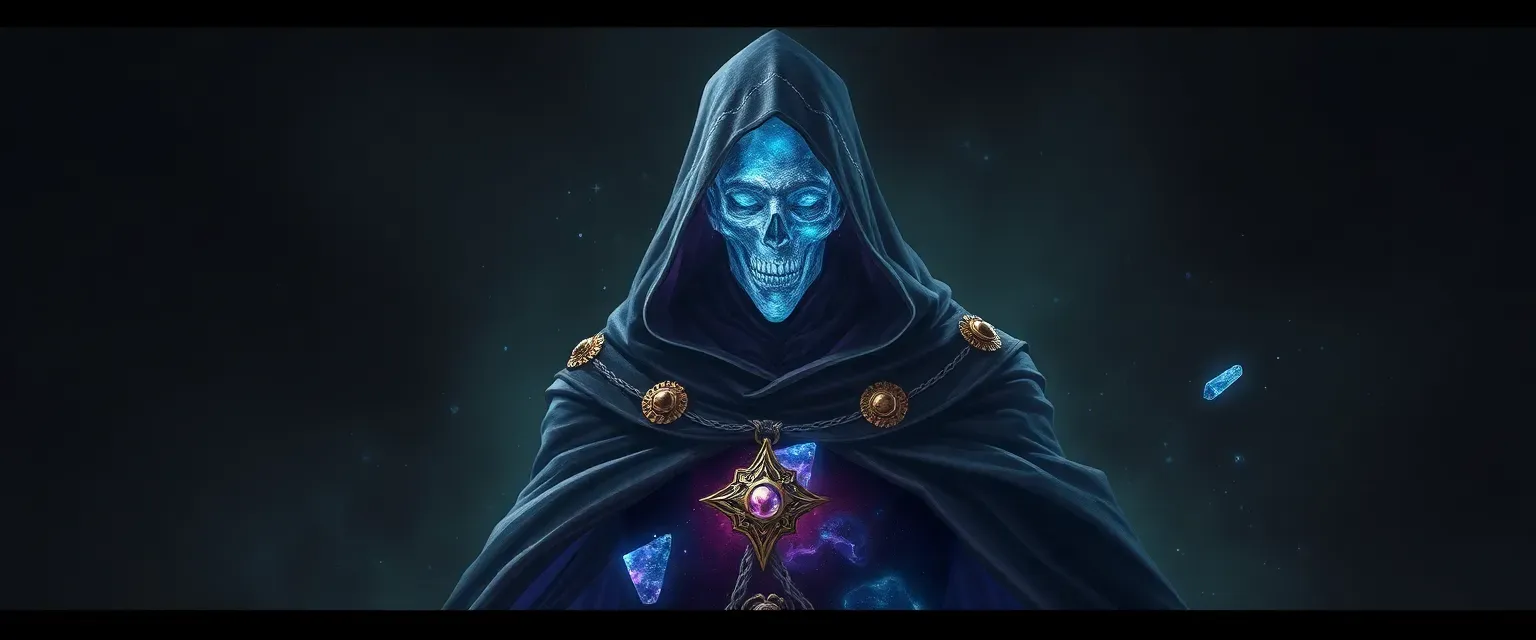 Humanoid figure of galaxies and glass shards, sorcerer's cloak with golden ornaments, eerie presence.