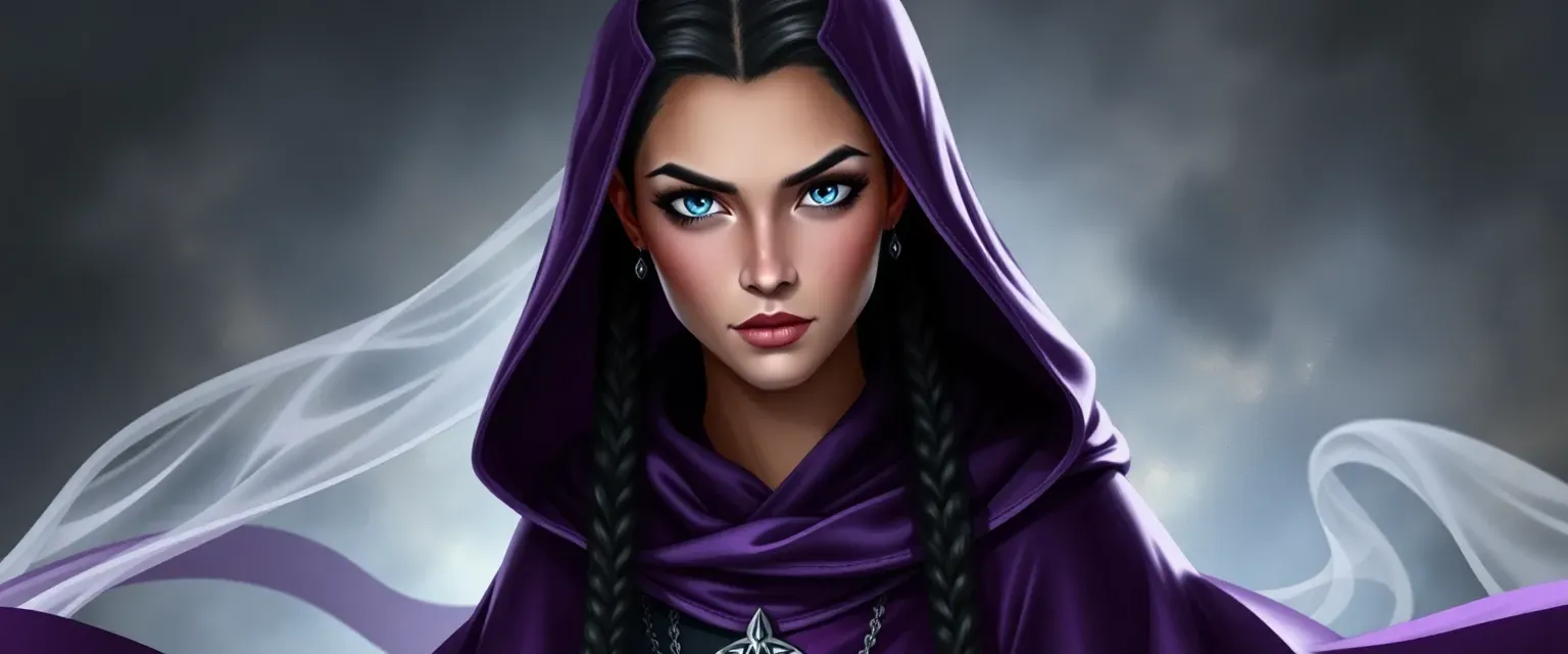 Tall mage, 32, with flowing purple and silver robes, black braided hair, and piercing blue eyes.