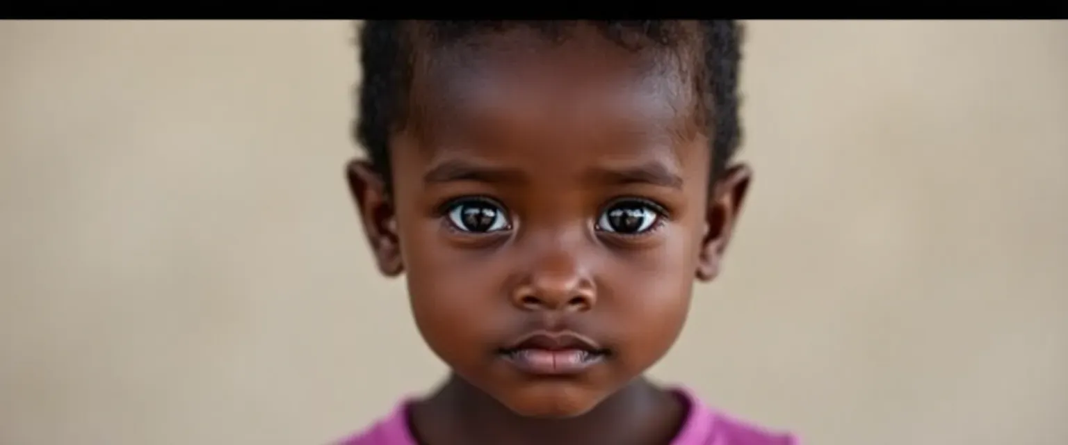 4-year-old Malian girl, petite, skinny, dark skin, medium black hair, dark brown eyes, innocent expression.