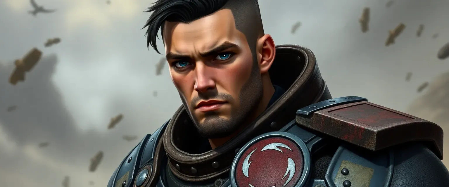 35-year-old man with short dark brown hair and blue eyes, wearing patched Helldiver armor with Super-Earth emblem.