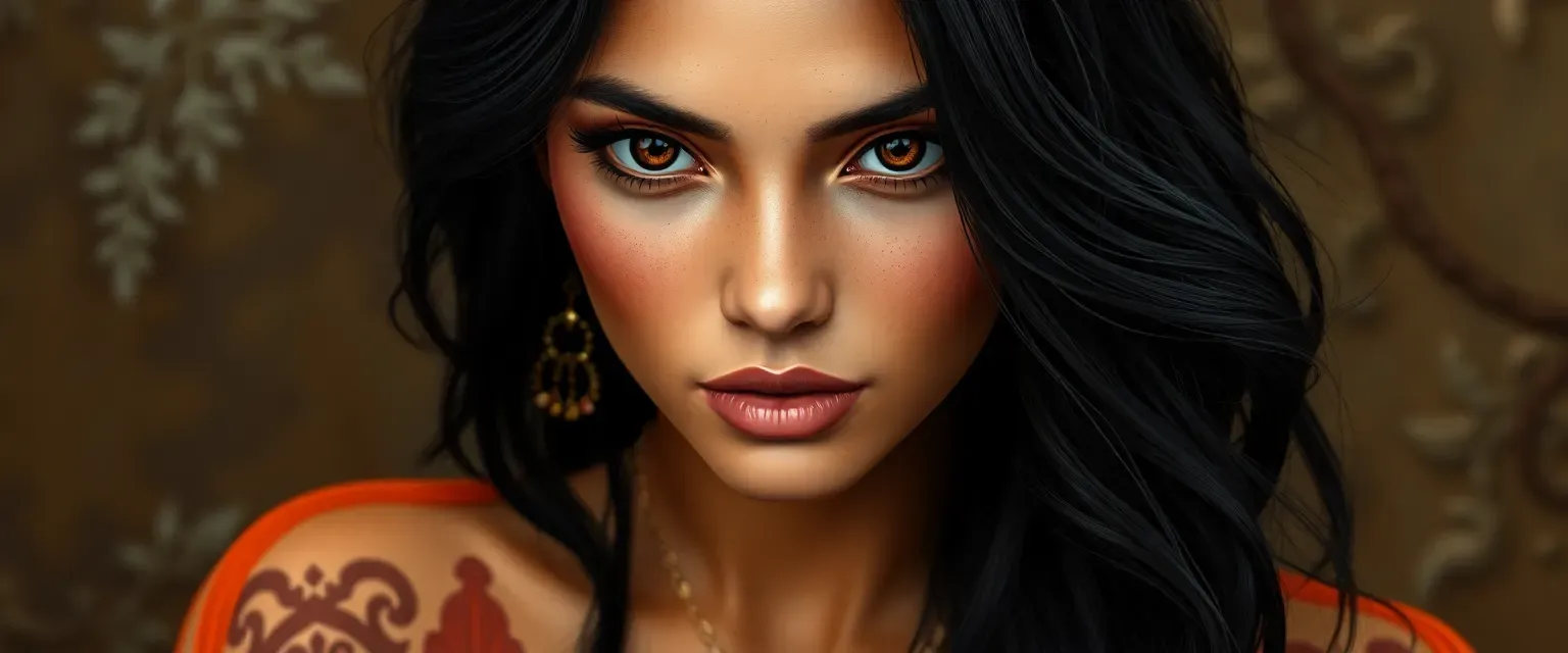 Young woman with golden skin, black eyes, and long, wavy black hair, wearing silk and sheer fabrics with intricate patterns.
