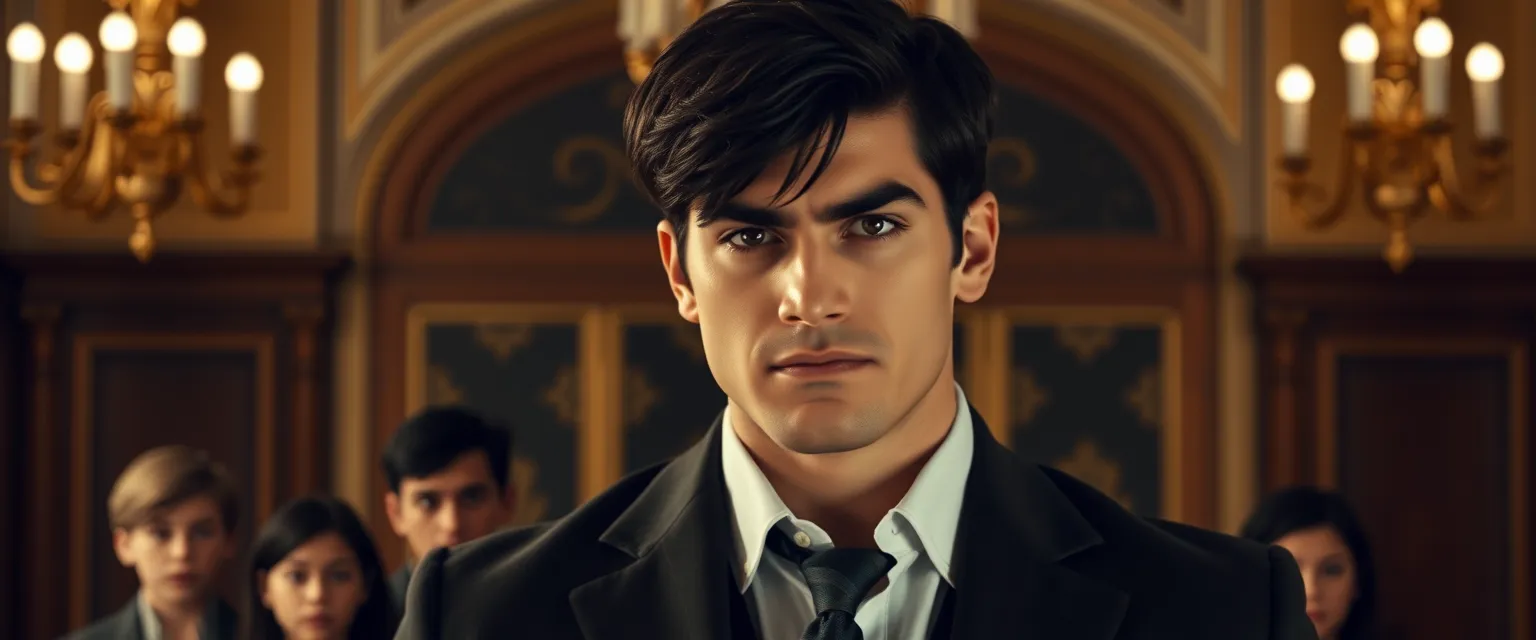 Image description: A young man named Masrian stands in an opulent room, his broad shoulders and imposing figure dominating the frame. He has thick, dark hair that is slightly disheveled, framing a stern face with a permanent smirk. His deep-set eyes glint with a hint of cruelty, and his sharp nose, strong jaw, and high cheekbones give him a ruggedly handsome appearance. Masrian wears expensive-looking clothing, a tailored suit that hints at his wealthy upbringing. A sense of entitlement emanates from his posture, and his expression exudes a dangerous air of superiority. In the background, his younger siblings cower, their fearful expressions telling a story of constant intimidation and domination.