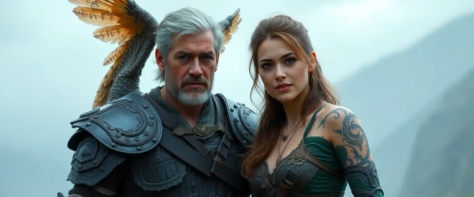 A 42-year-old man with graying hair and owl-like wings, wearing battle-scarred armor, standing beside a woman with similar scars.