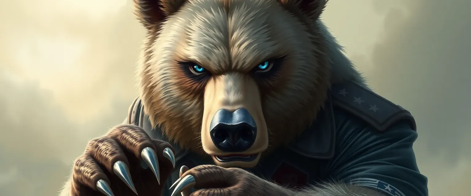 A grizzled bear in a decorated Bear Air Force uniform, with faded gray fur and piercing blue eyes, sharpening his claws.