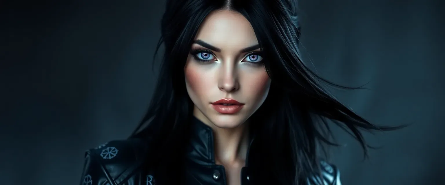 Pale-skinned woman with black hair and violet eyes, wearing a dark leather suit with glowing runes.