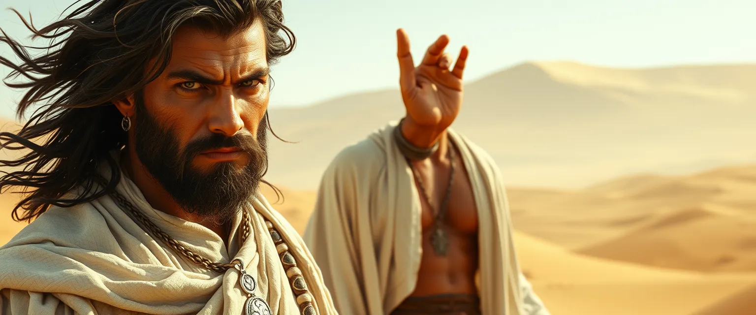 "A rugged, copper-skinned man with intense eyes and wild black hair, wearing a billowing white robe adorned with shimmering symbols, and a serpent-shaped silver pendant. His fingers are long and dexterous, and his eyes hold a secret. Standing in the vast desert, surrounded by golden dunes and the whispers of the wind."