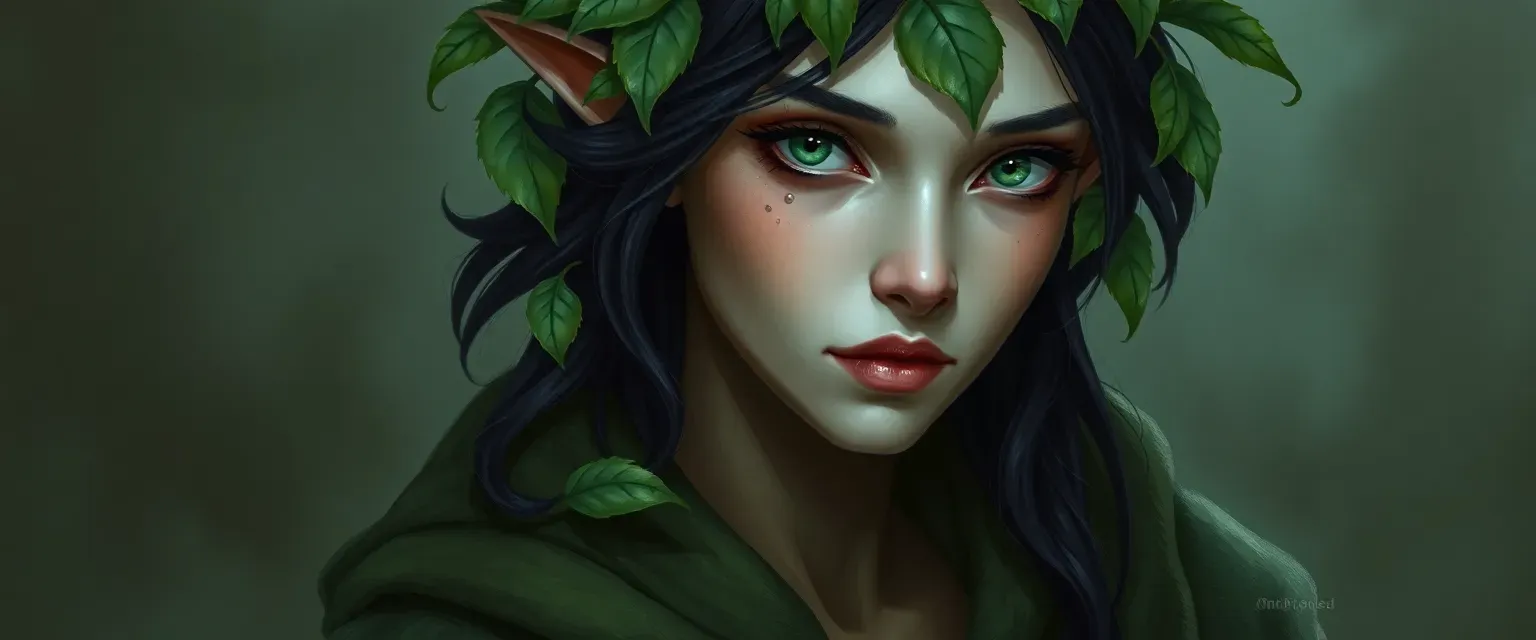 Pale dhampir woman with emerald eyes and dark hair adorned with leaves, wearing a moss-green robe.