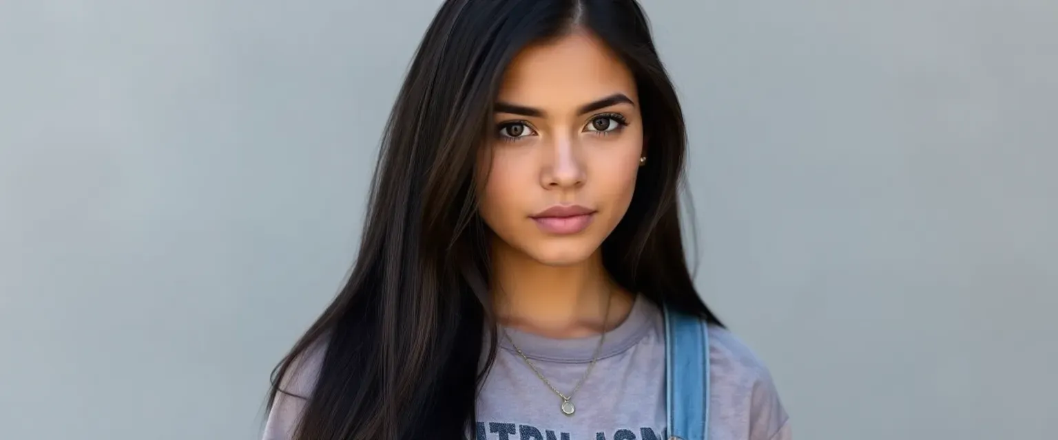 24-year-old Latina with long black hair and dark brown eyes, wearing a faded t-shirt and jeans.