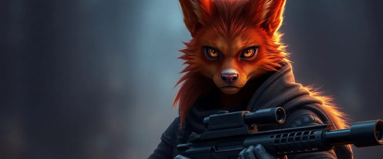 Harengon with sunset-colored fur, amber eyes, dressed in dark, practical attire, holding a sniper rifle.