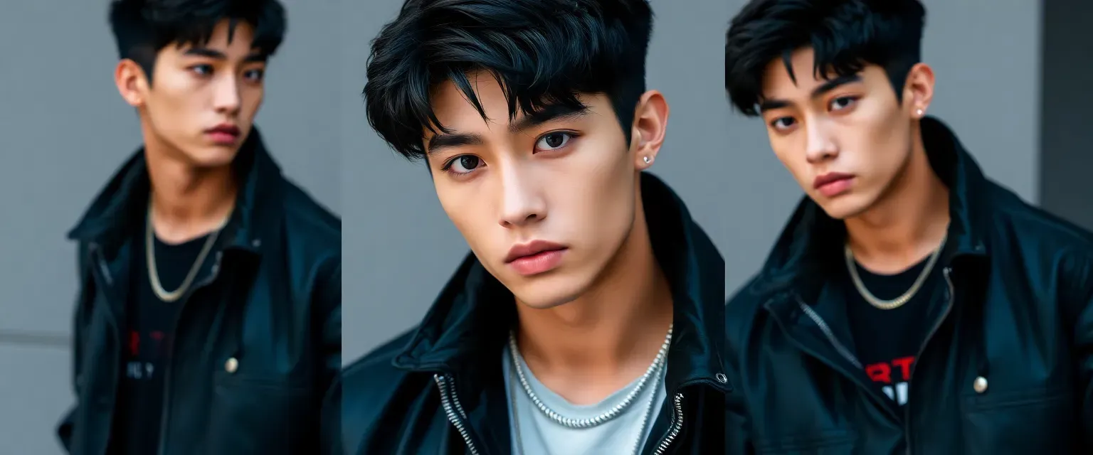 Asian-American teen idol Kai Park, 19, tall and lean with perfectly styled black hair, wearing designer streetwear, brooding expression, sharp jawline, and mysterious dark eyes.