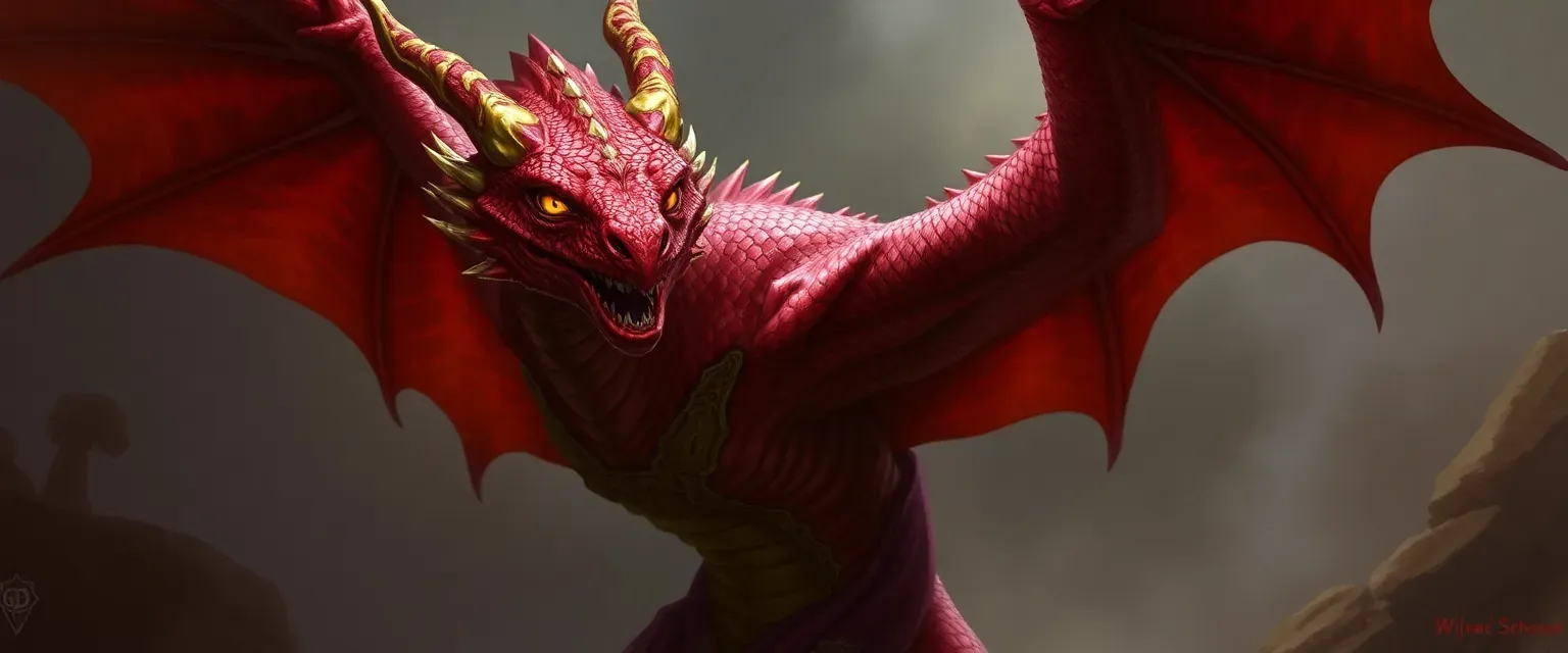 Tall Dragonborn with crimson scales, wearing gold and scarlet robes, golden eyes.