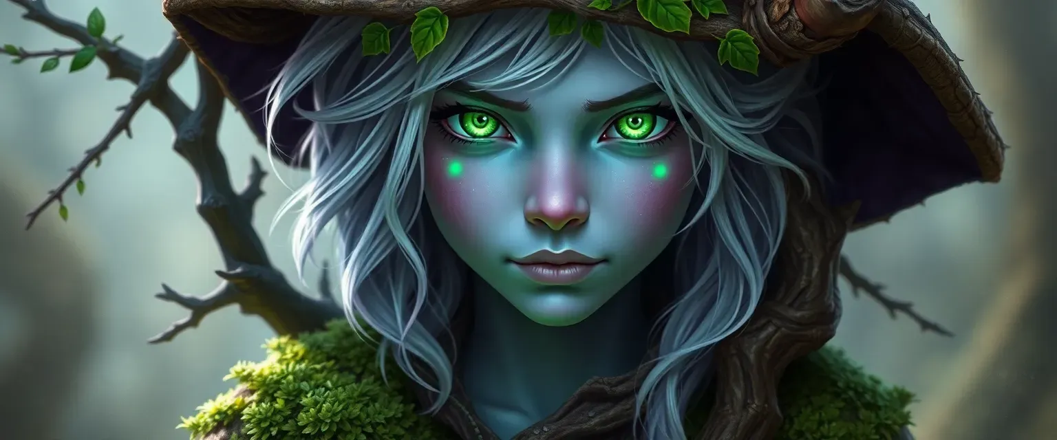 Young Kalashtar druid with lavender skin, glowing green eyes, and silver hair adorned with nature. Wears a moss and bark robe.