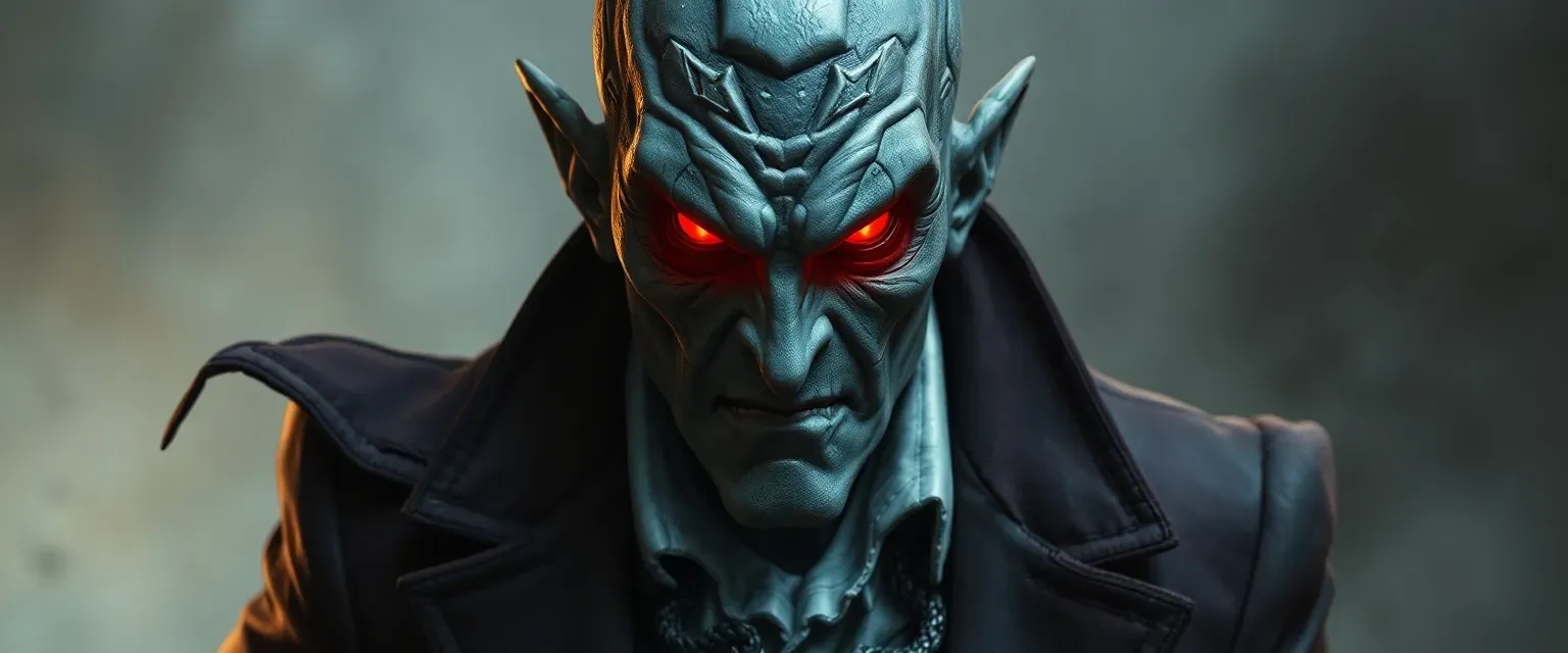 A man transformed into a stone-skinned villain with glowing red eyes, wearing tattered suit remnants.