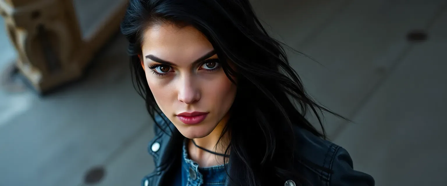 22-year-old woman with raven-black hair and deep, thoughtful eyes, wearing faded jeans and a leather jacket.