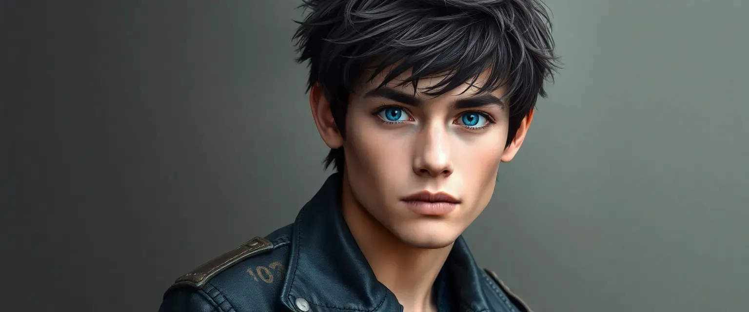 Young man with piercing blue eyes and unruly dark hair, wearing a patched leather jacket and faded jeans.