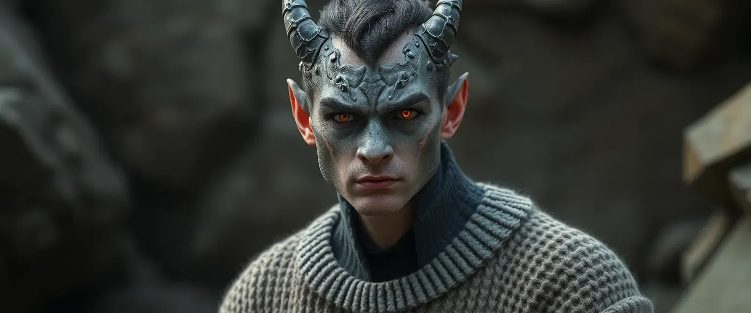 27-year-old male, demon-dragon-human hybrid, crimson eyes, blue-charcoal scales, wearing a tattered sweater.