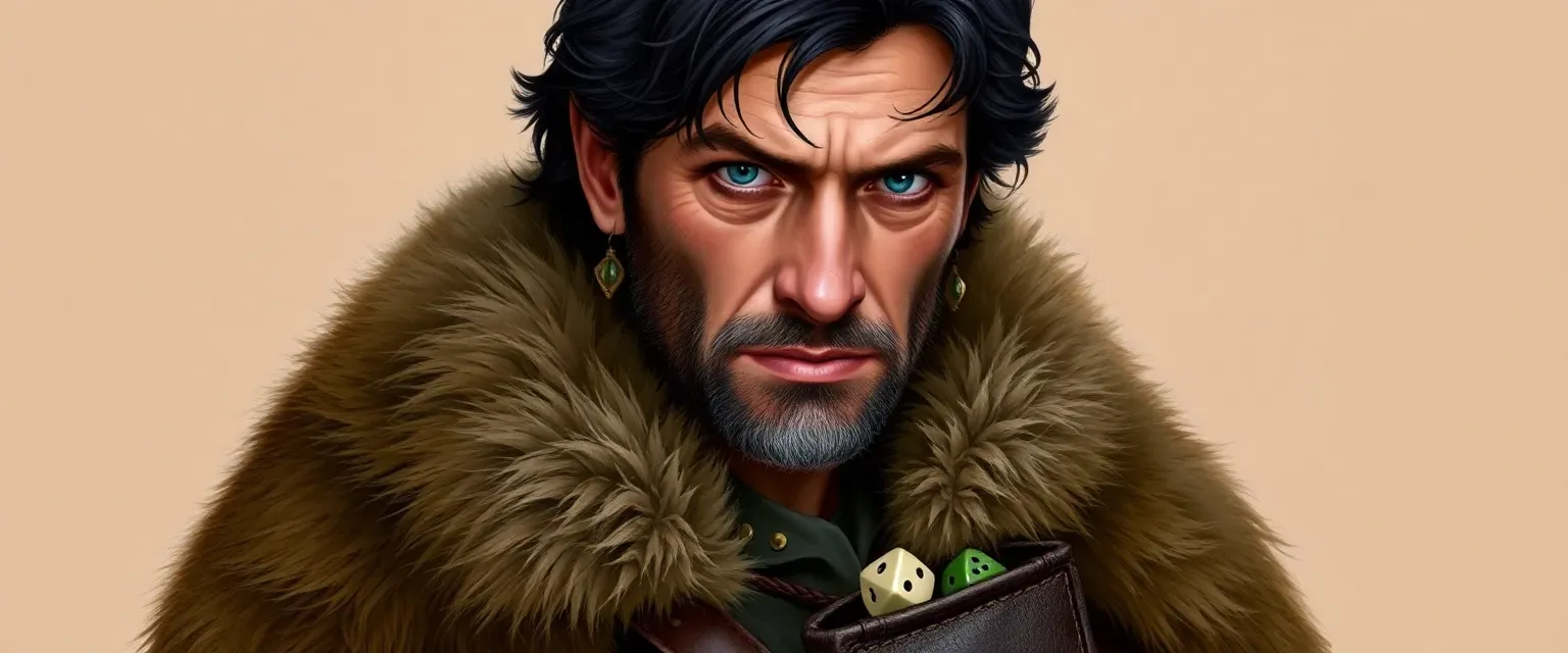 A weathered man in his 40s with dark hair and blue eyes, wearing a fur cloak and leather boots, a dice pouch at his belt.