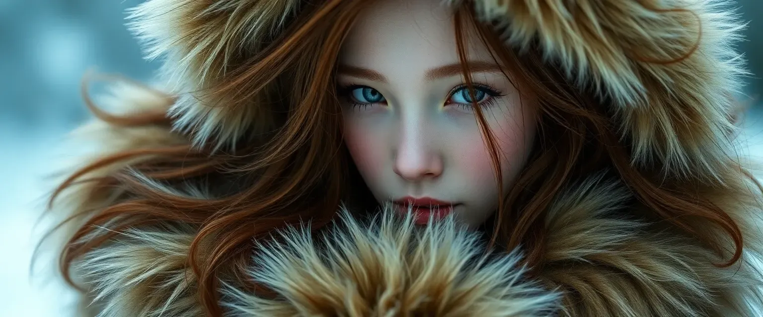 16-year-old Myoon Rayn with stunning brown hair and pale skin, wearing fur garments, embodies a wild spirit.