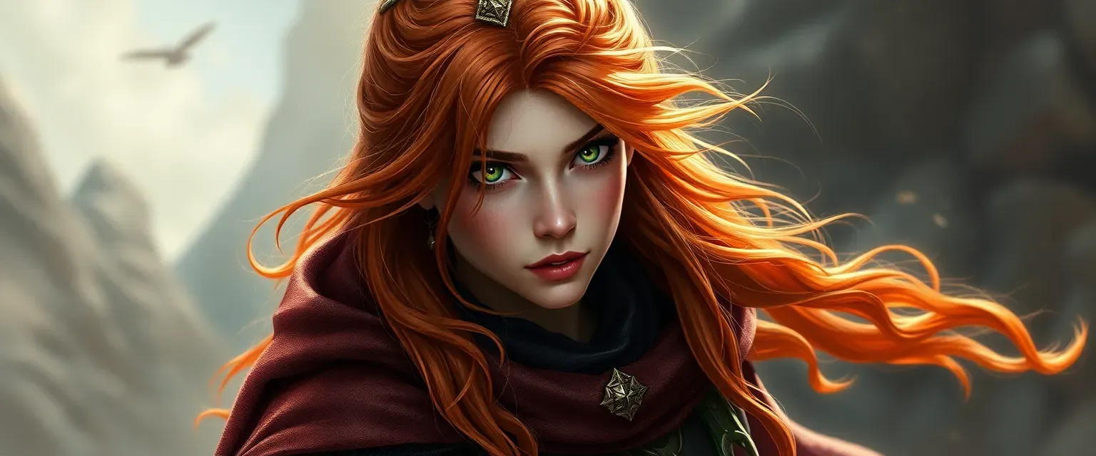 28-year-old Eladrin woman with fiery red and gold hair, green eyes, in dark leathers with a shimmering cloak.