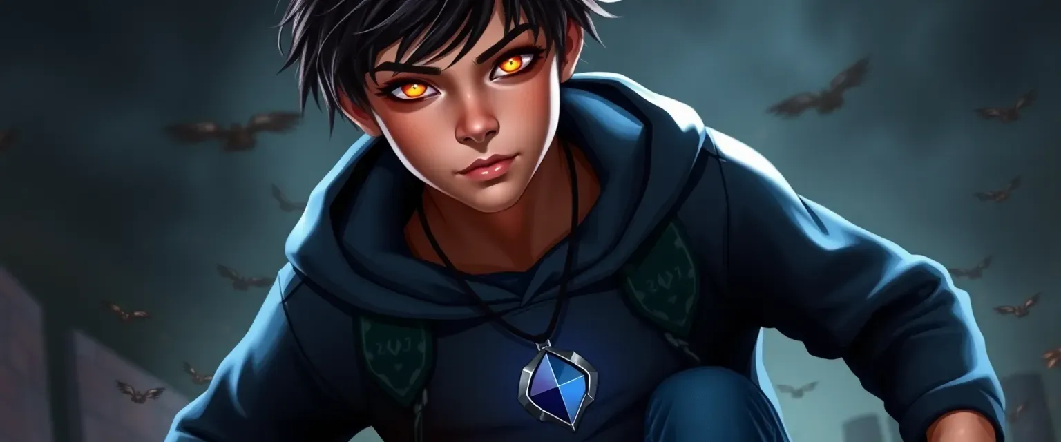 Teenage boy with dark hair, shimmering eyes, wearing a mystical hoodie and jeans, pendant around neck.