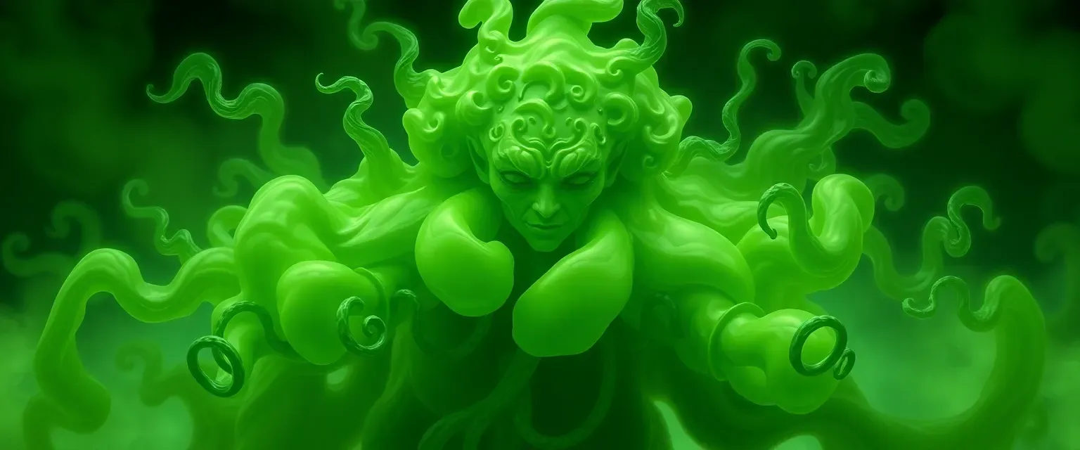 Sentient green gas cloud, humanoid form, shifting facial patterns, tendrils for limbs.