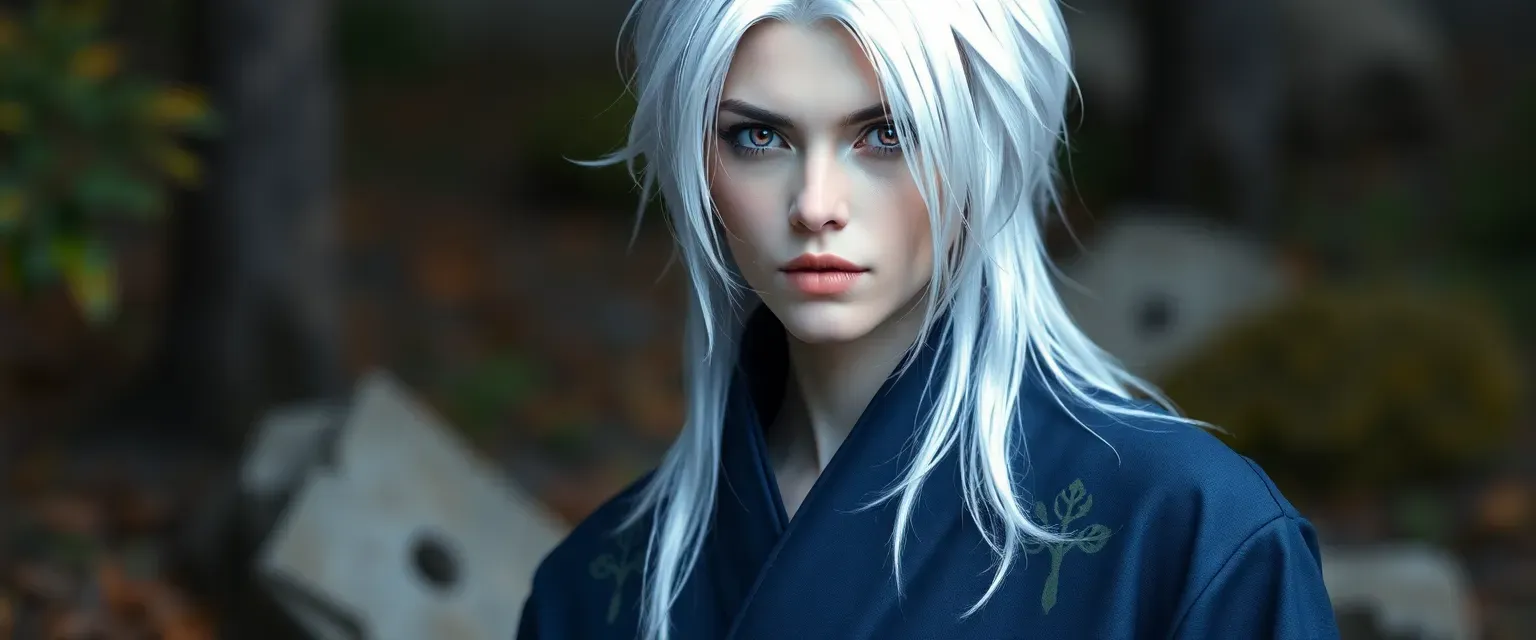Androgynous figure with silver hair and violet eyes, wearing a midnight blue robe with forest symbols.