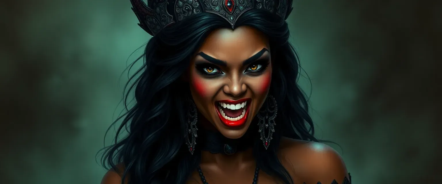 Beautiful African American vampire princess, caramel skin, plus size, long black hair, gothic attire, red lipstick, snarling with vampire teeth.