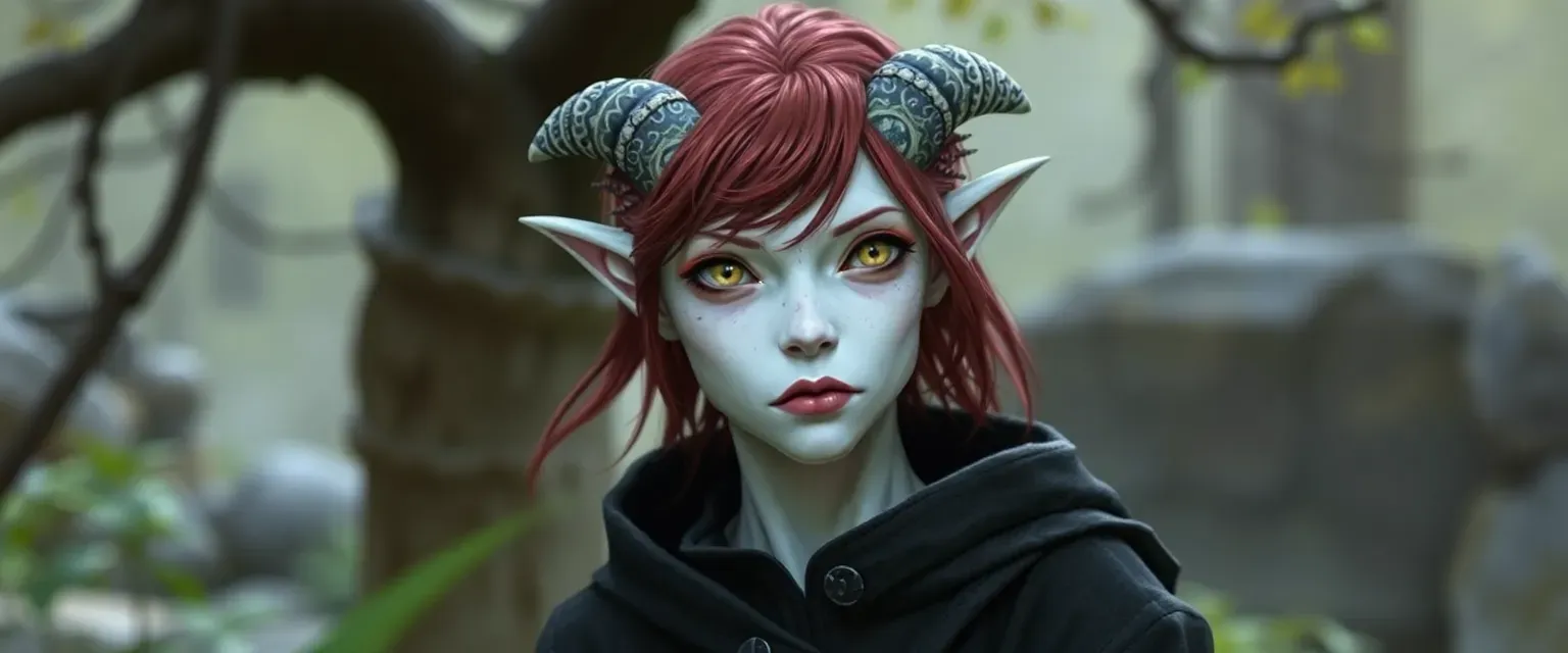 Dark red hair, pale white skin, yellow eyes, changeling cleric with a nature domain, wearing cleric robes.