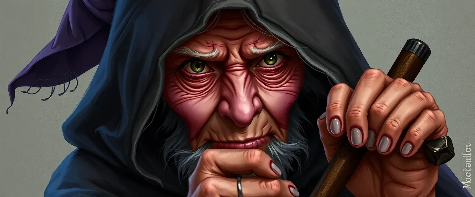 Elderly witch in a hooded cloak, using a cane, with piercing eyes and a raspy voice.