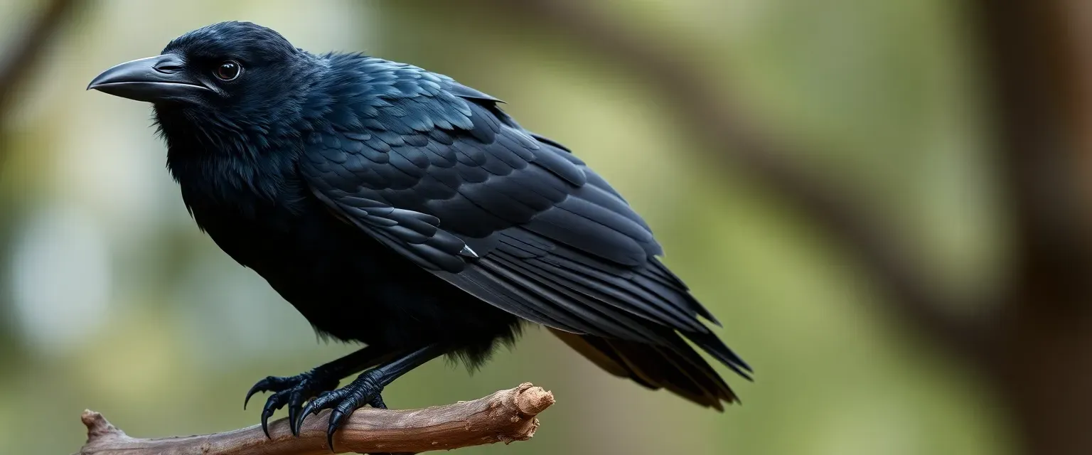 A sleek black raven with glossy feathers, missing left foot at ankle, sharp beak, perched alertly with one taloned foot gripping a branch, eerie intelligence in its dark eyes.