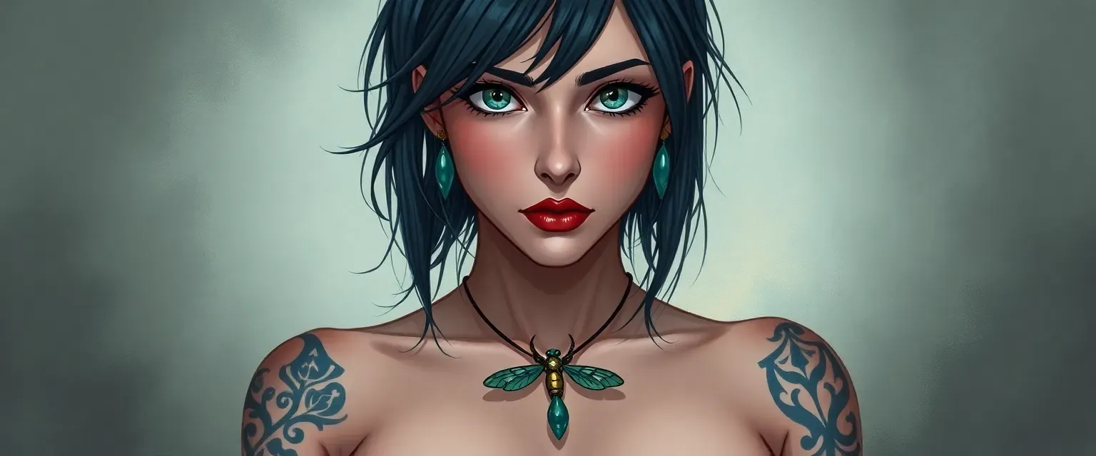 25-year-old woman with tattoos, wearing a firefly necklace, anime-inspired drawings, and a haunted expression.