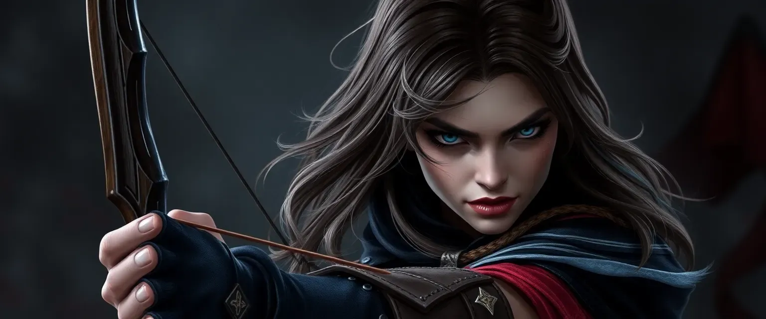 Vampire with brown hair and silver streaks, wielding a bow, regal and determined.