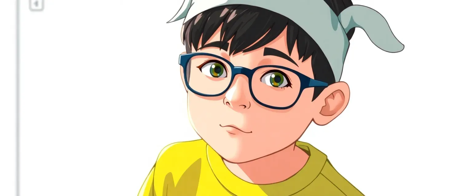 14-year-old mute boy with glasses wearing Aquapets t-shirt and headband with wiggling ears.