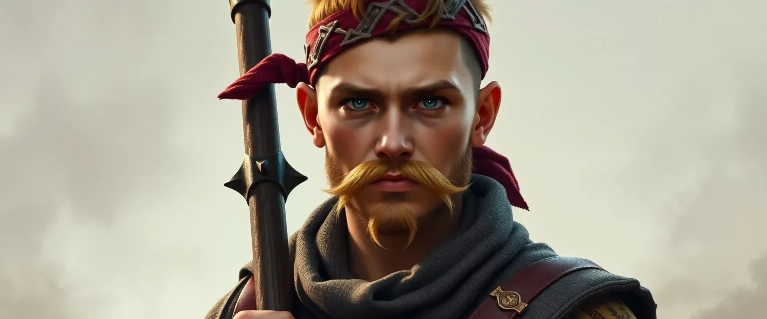 Young Slavic warrior, half-shaven Mohican haircut, traditional bandana, golden mustaches, spiked mace, simple attire.