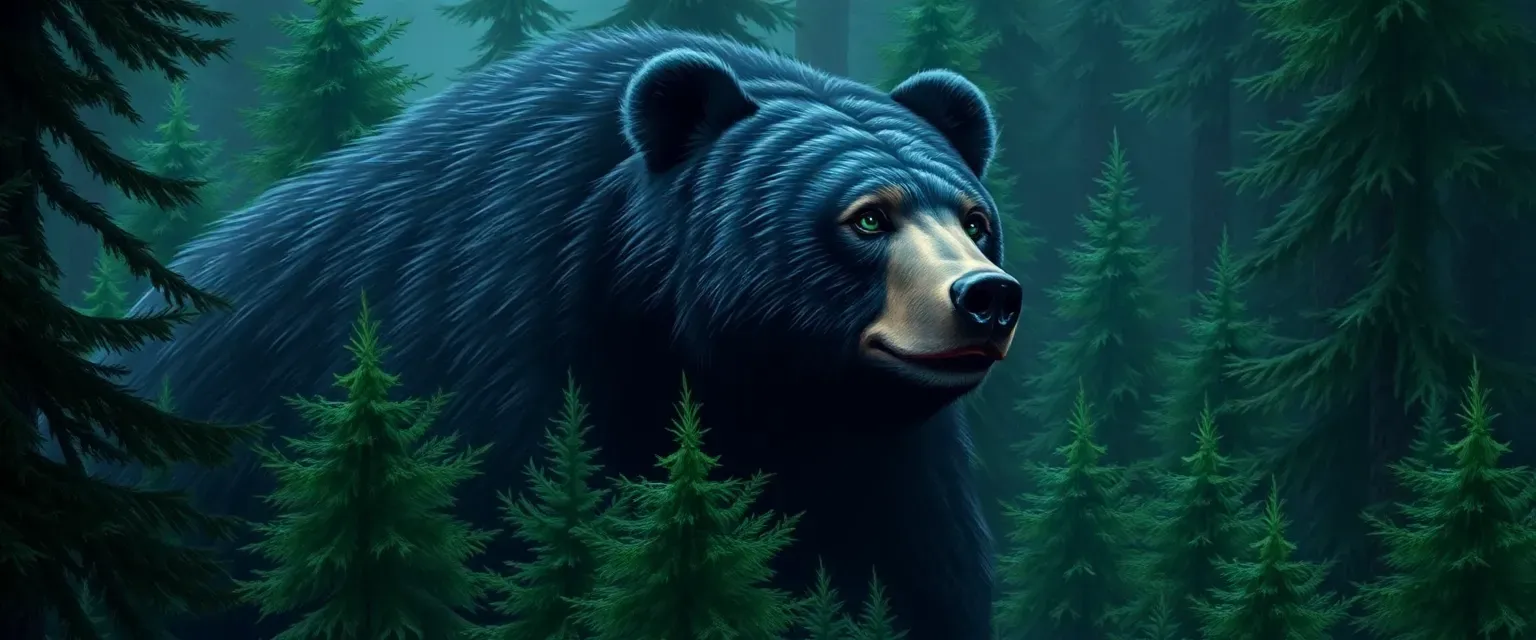 A towering bear with midnight-black fur and piercing green eyes, standing amidst a dense, evergreen forest.