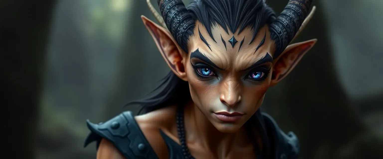 Tall fae with pointed ears, muscular build, tan skin, wearing black and dark blue, large bluish-purple eyes.