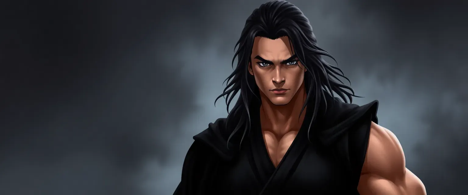 Tall, muscular man with long black hair and intense black eyes, wearing a black martial arts gi and cloak.