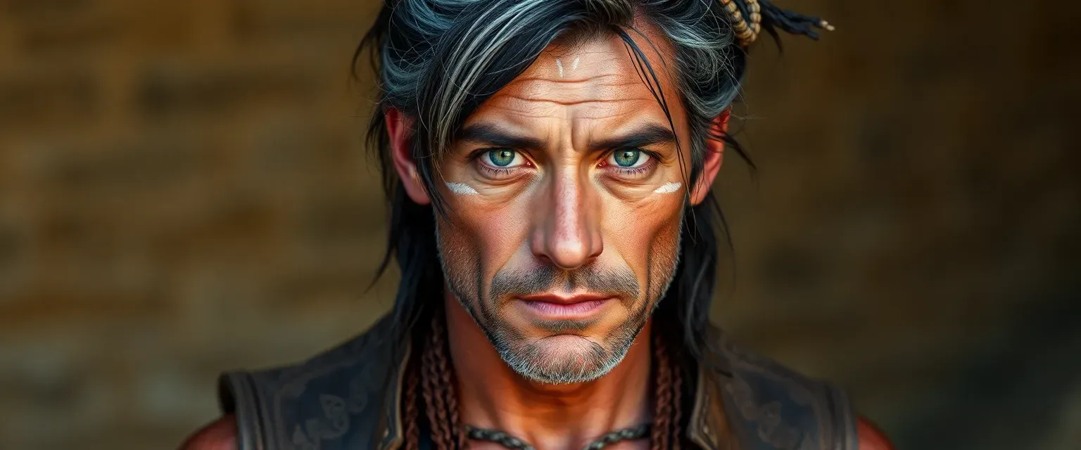 A weathered Auri man in his 40s with green eyes, gray-streaked black hair in a warrior's knot, wearing a leather vest with tribal markings and loose trousers.