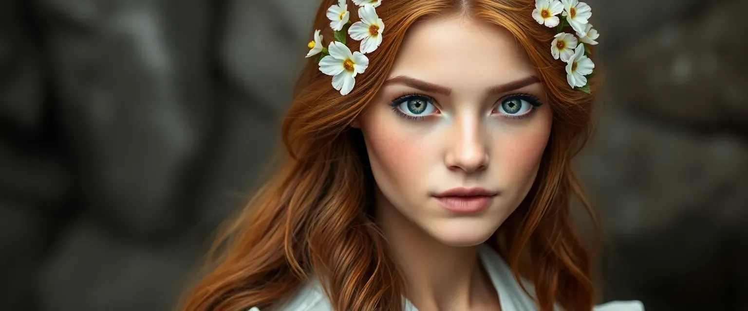 Young woman with chestnut hair adorned with wildflowers, stormy gray eyes, wearing a white traditional dress.