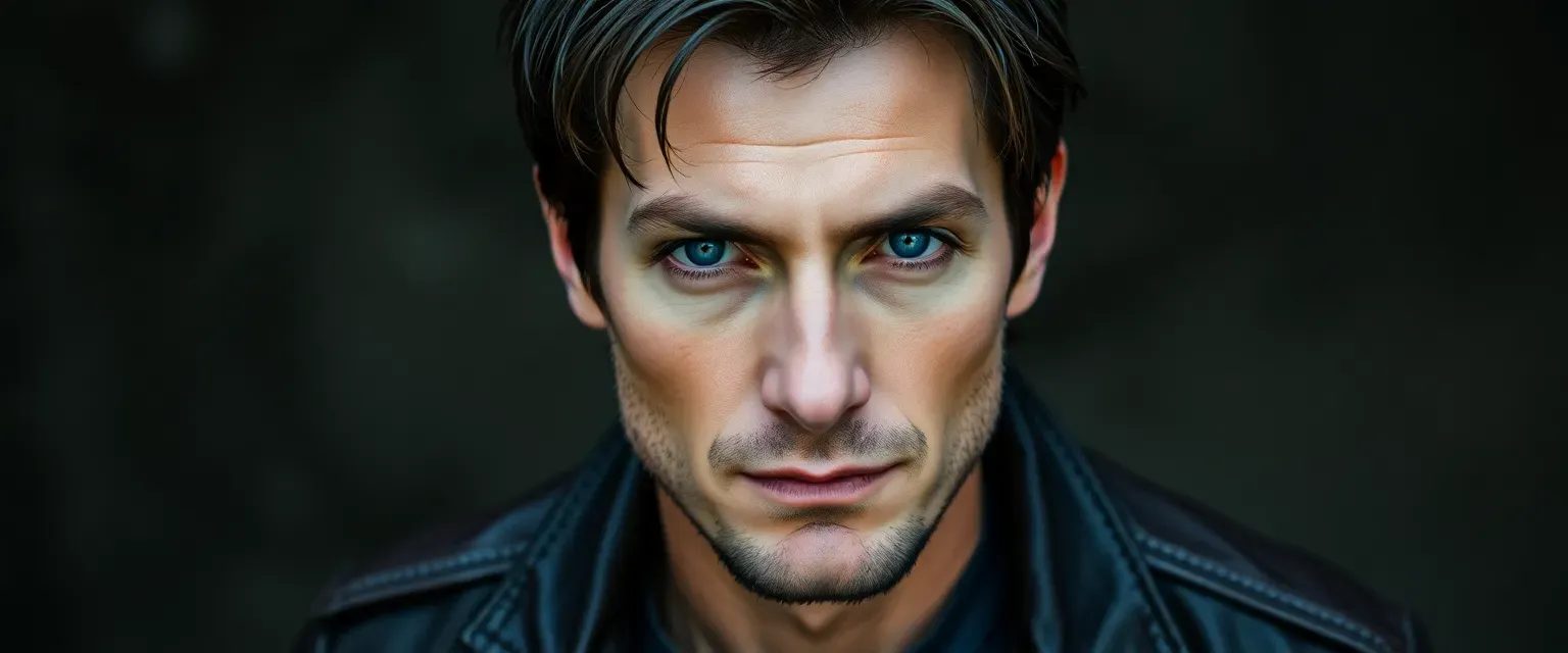 Man in his 30s, sharp features, piercing blue eyes, dark unkempt hair, leather jacket, faded jeans.