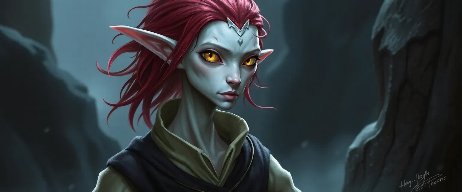 Tall, lean changeling with dark red hair, white skin, yellow eyes, wearing cleric robes.