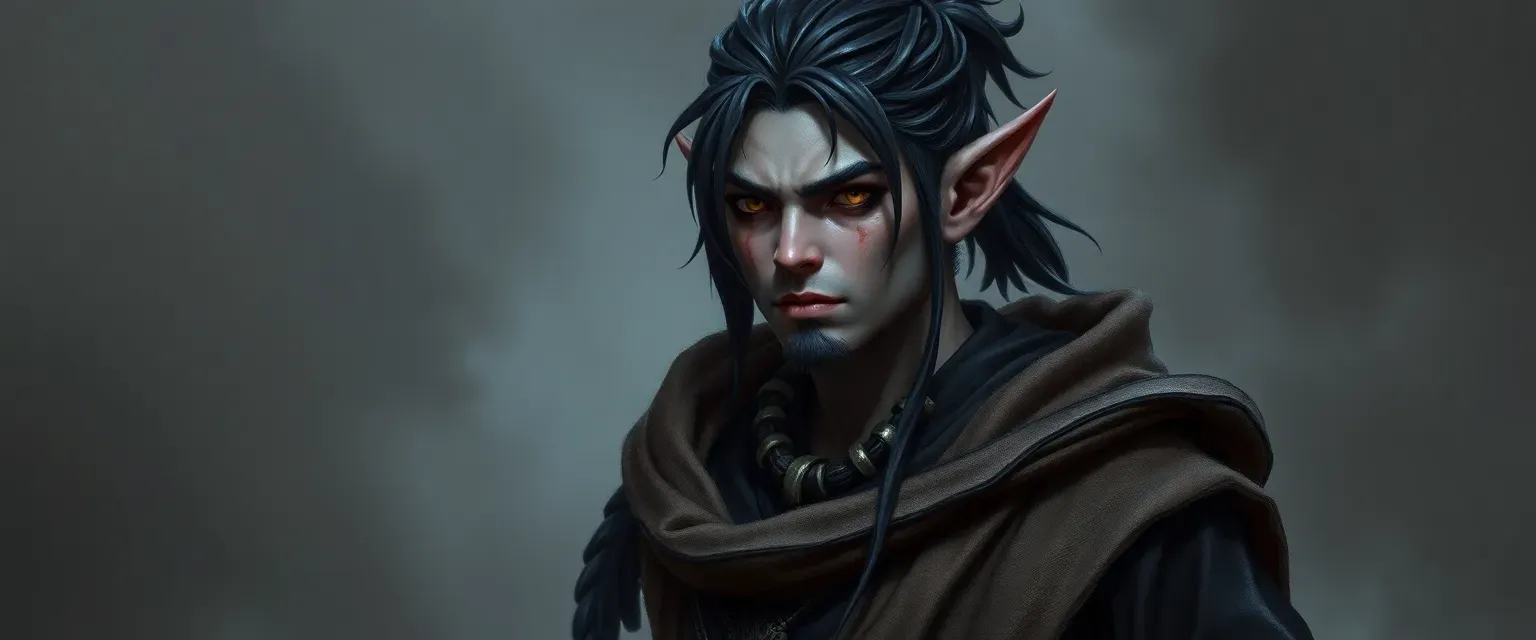 Reborn half-elf with ashen skin, black-dyed hair, and black eyes, dressed in monk and druid attire.