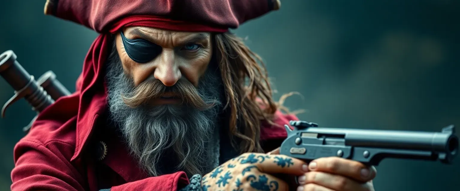A grizzled pirate veteran with an eyepatch, salt-and-pepper beard, and a tattered red coat, armed with knives and a flintlock pistol.