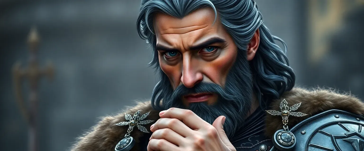 A 35-year-old king with graying black hair and blue eyes, wearing royal finery mixed with armor, often seen tapping his fingers rhythmically.