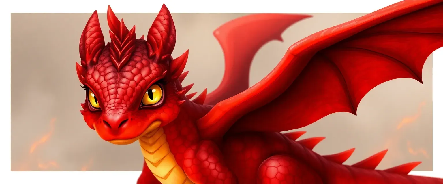 10-year-old boy's soul in a red dragon cub's body, fiery scales, golden eyes, slight lisp.