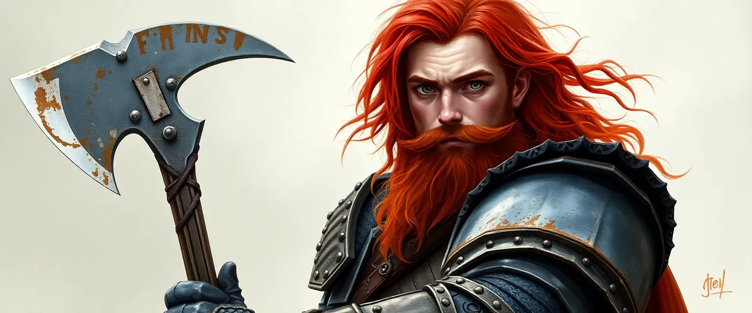 Red-haired knight, 35, with a matching beard, wearing tattered knight armor, holding a broken axe.