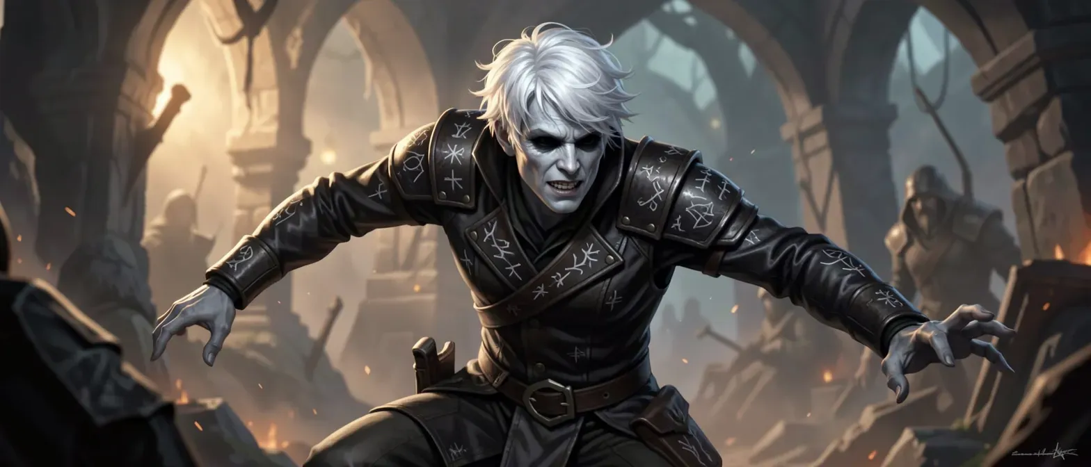 Pale ashen grey skin, short white tousled hair, black irises, fit sunken figure in dark leathers with fey runes.