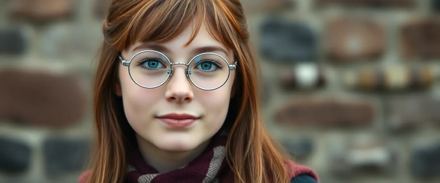 Scottish teenage girl, Gryffindor, brown hair with red highlights, grey-blue eyes, silver circle-rimmed glasses.