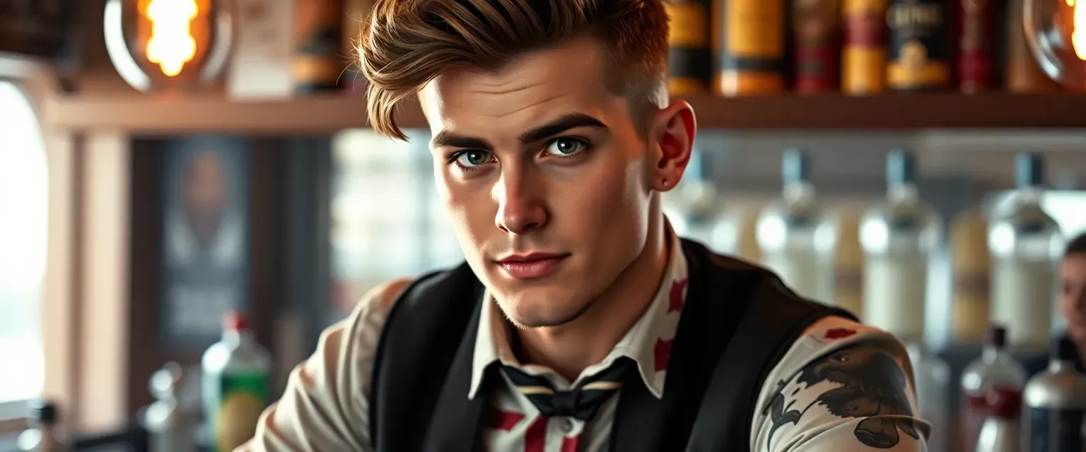 23-year-old bartender with styled quiff, vintage waistcoat, candy cane tattoo, and a mischievous glint in his brown eyes.